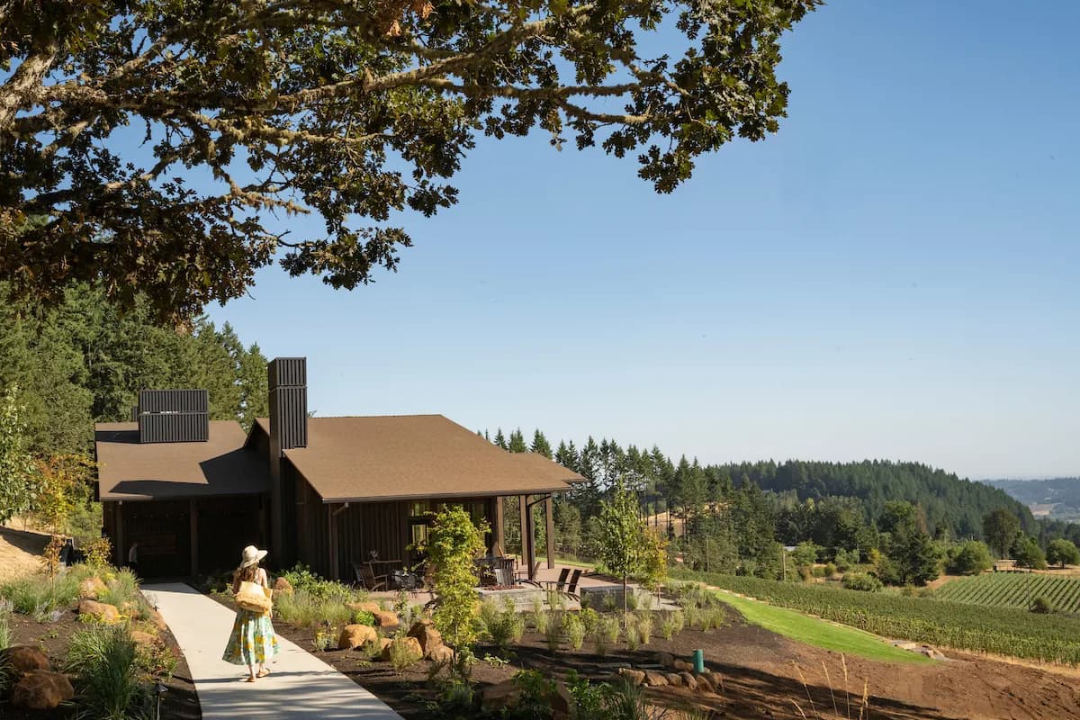 Tasting room and vineyard view in the Willamette Valley