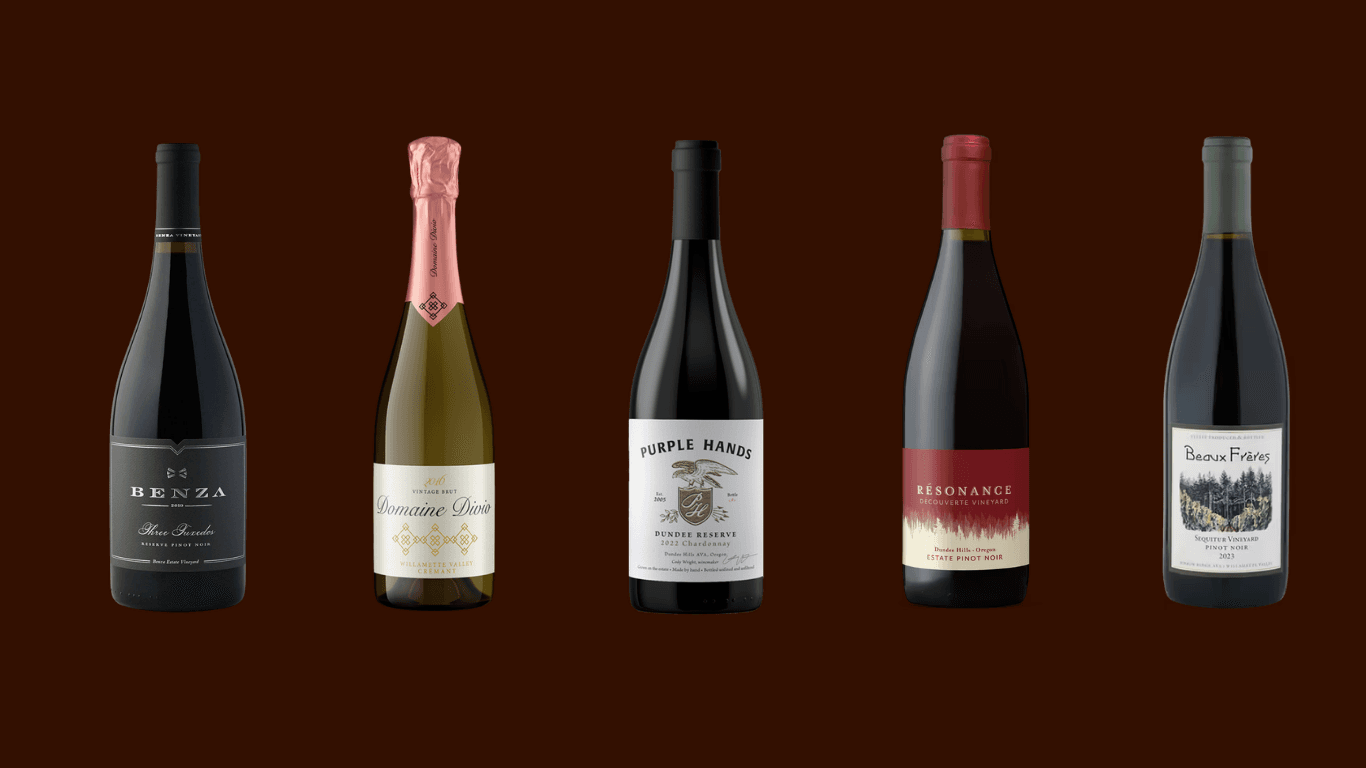 Oregon Pinot Noir wine bottles from Willamette Valley wineries on a Hidden Vineyards wine tour