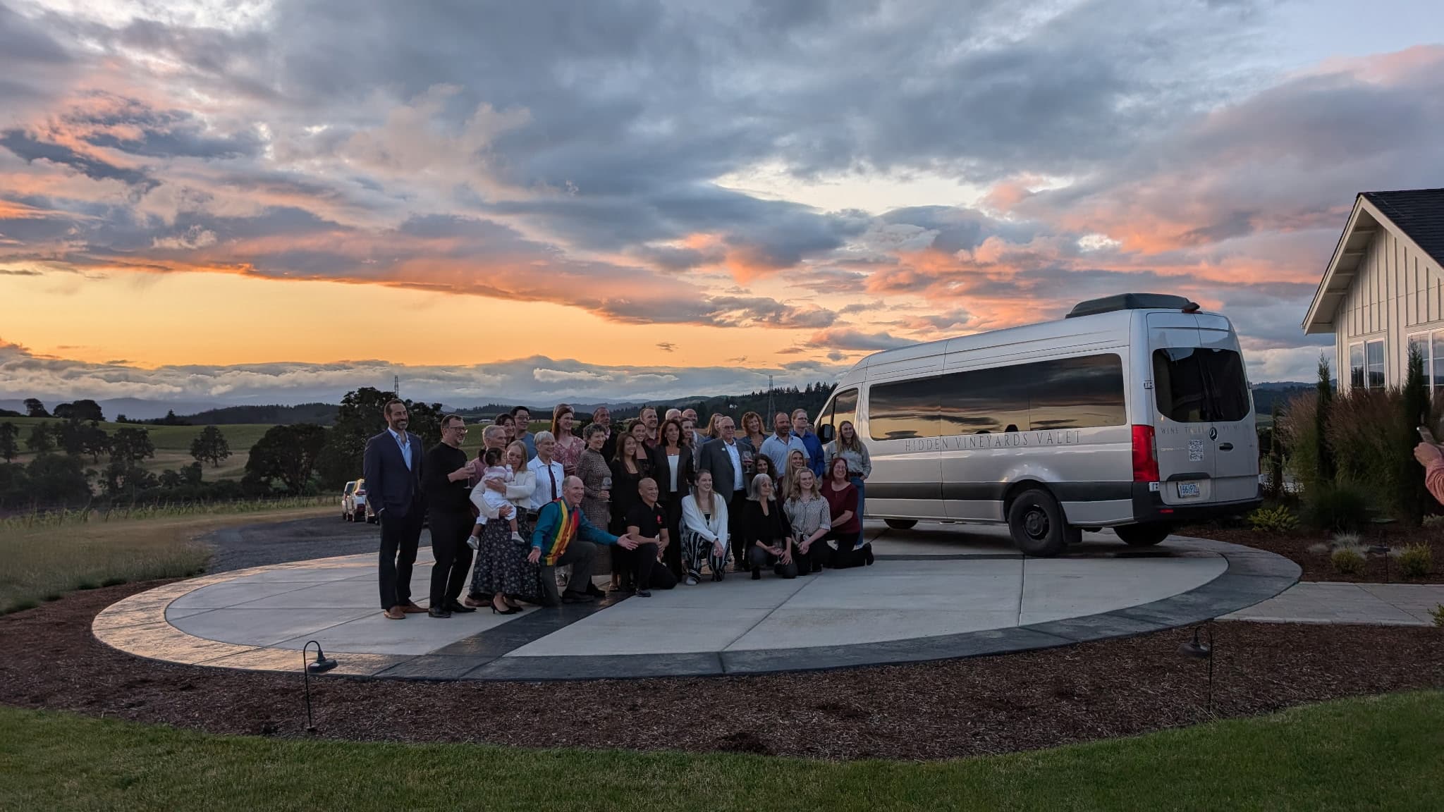 Large group Oregon wine tour at sunset in the Willamette Valley wine country